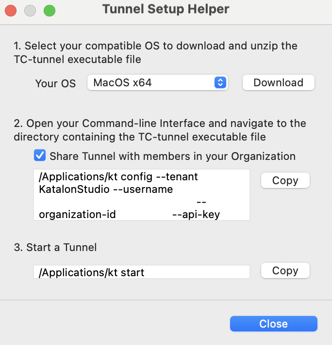 Katalon Studio - Tunnel Setup Helper dialog