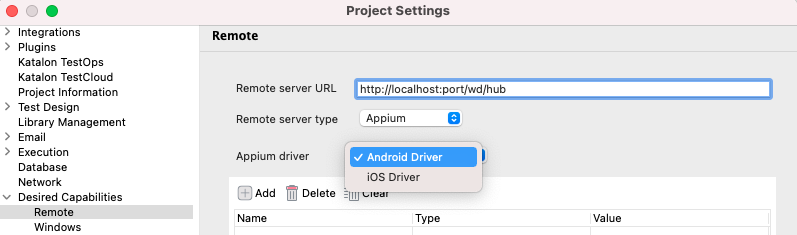 Choose Android Driver/iOS Driver