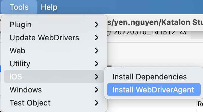 Install WebDriverAgent via Katalon built-in tools