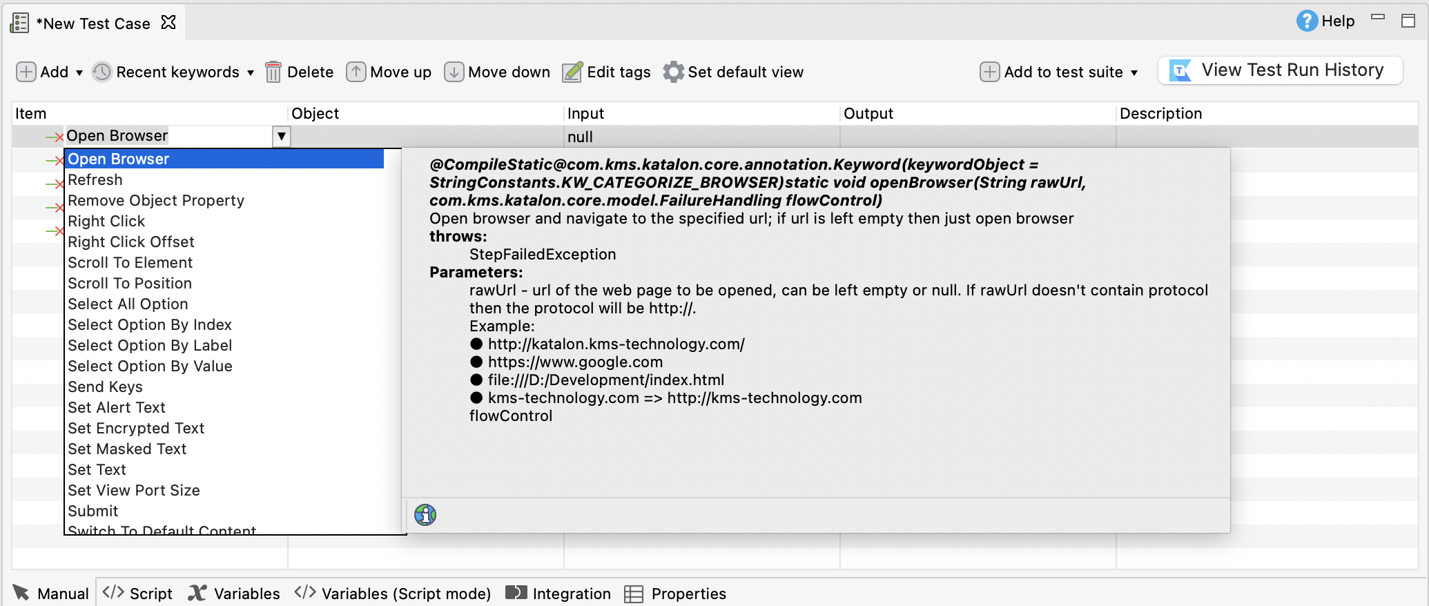 Generate test steps in Katalon Studio script view