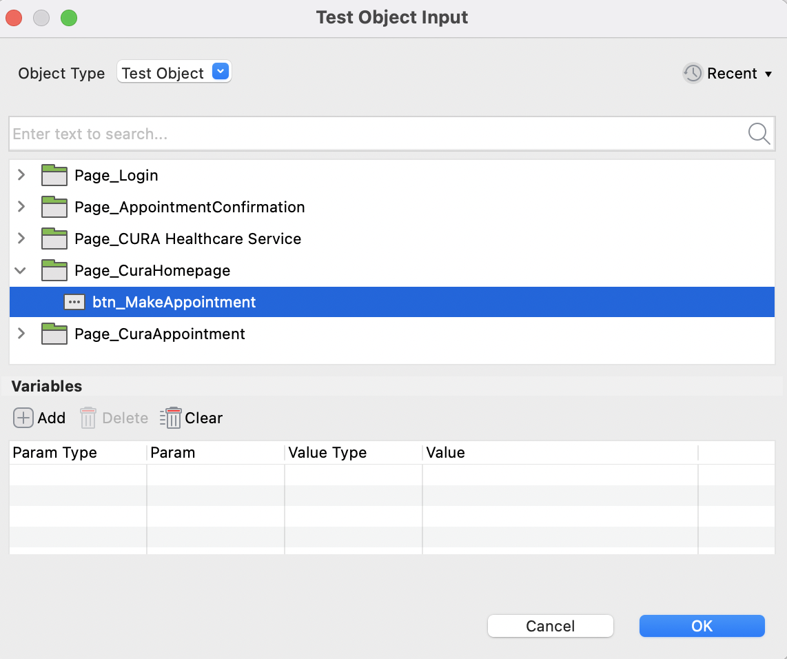 Test object input dialog