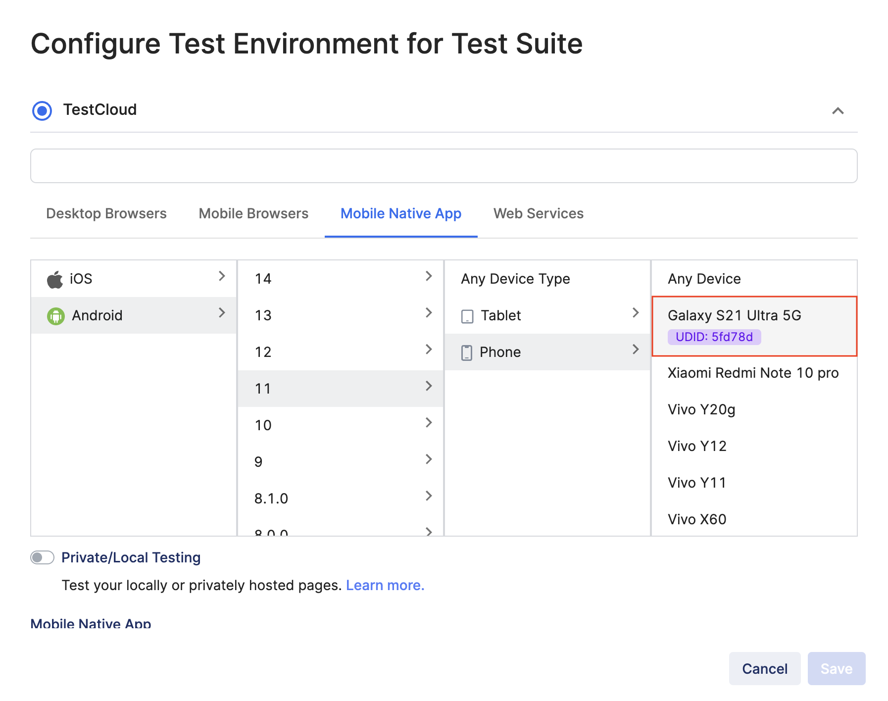 Configure test environment for test suite, device with UDID tag