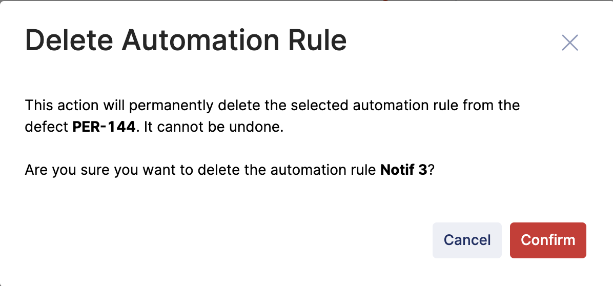 The delete automation rule confirmation box in Katalon TestOps.
