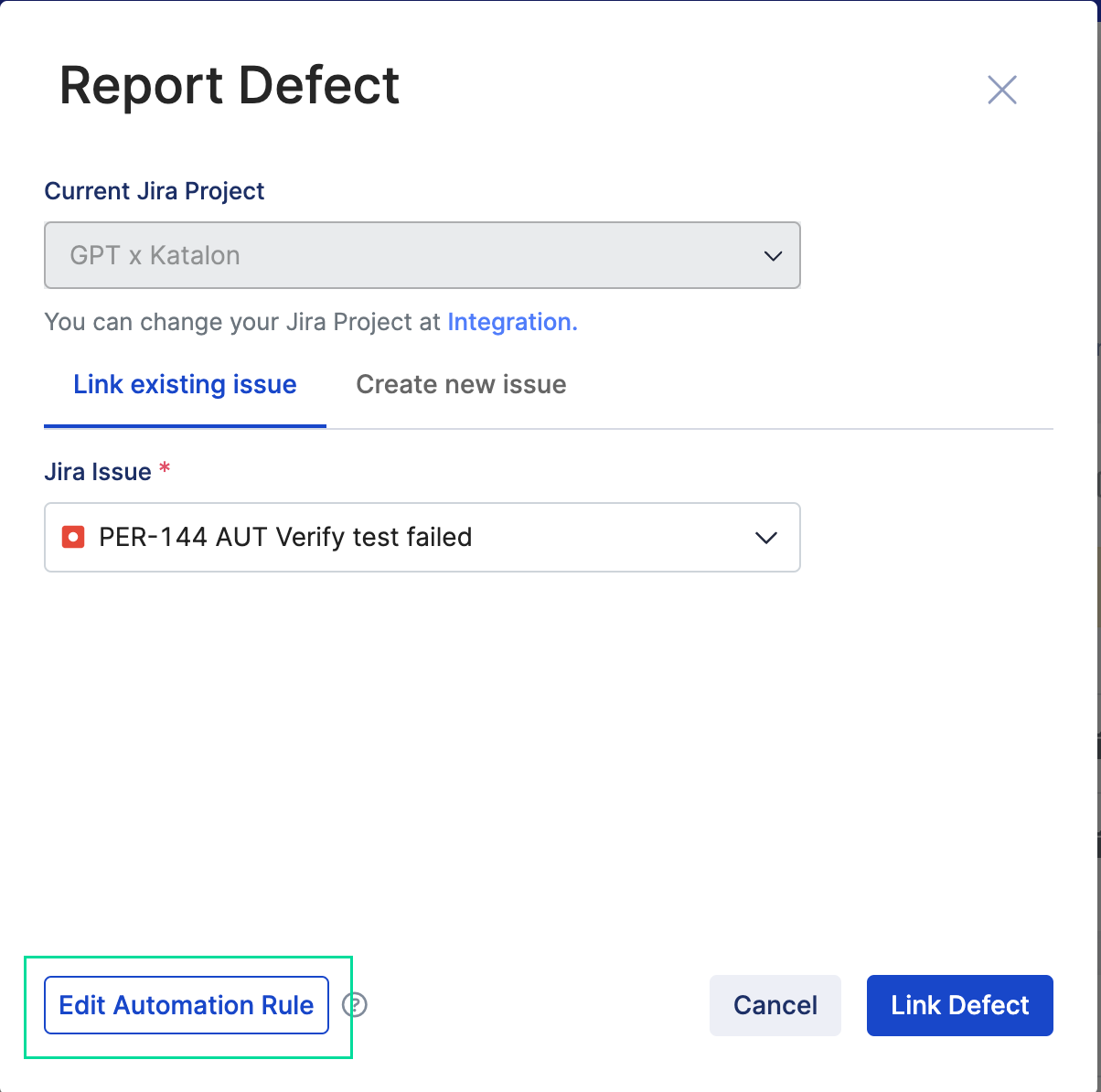 The Edit Automation Rule button in Report Defect.