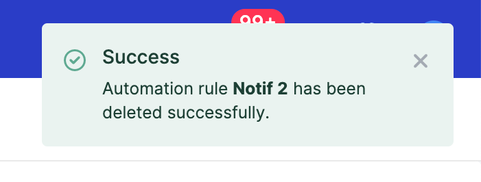 Notification confirming the deletion of an Automation Rule in Katalon TestOps.