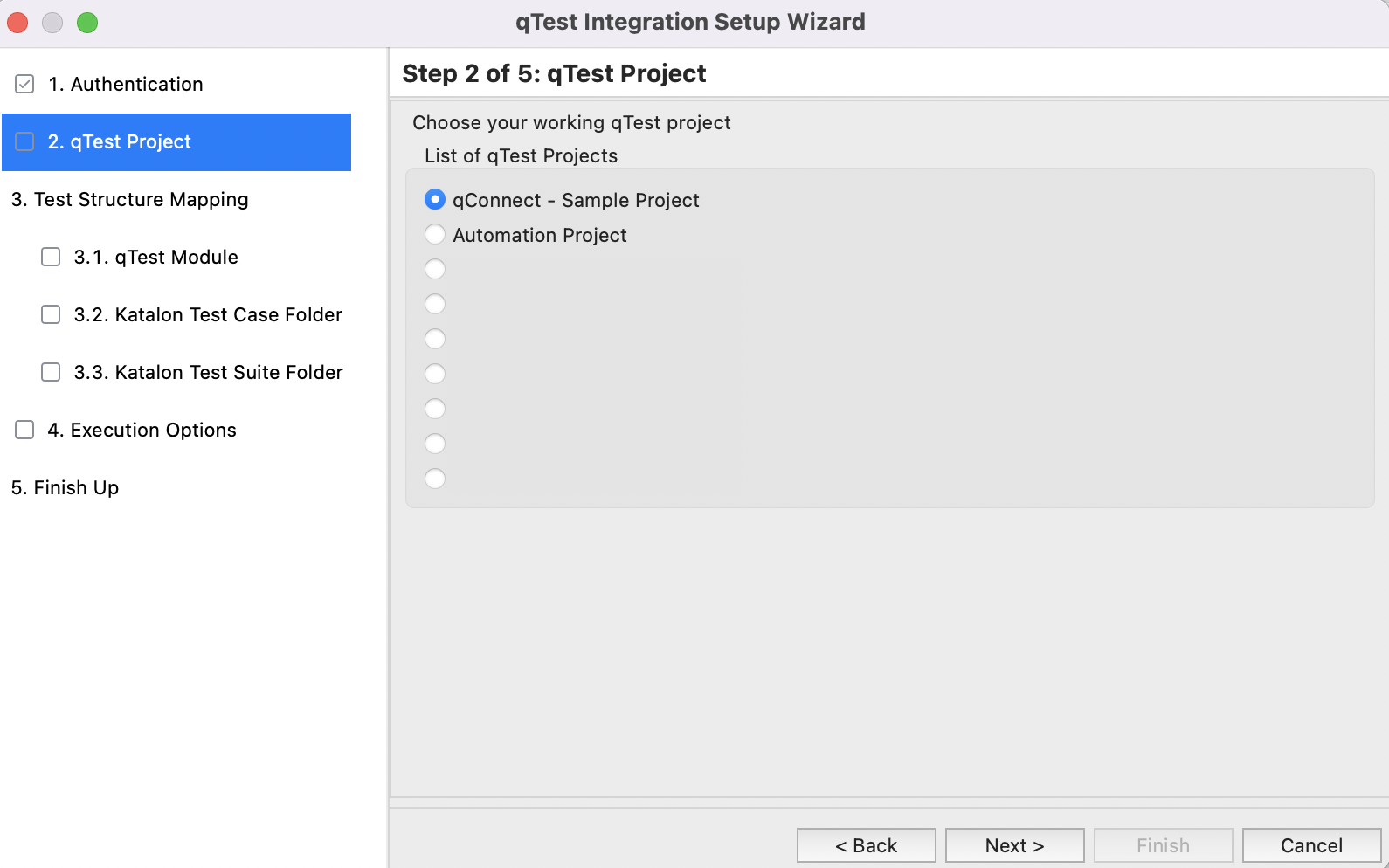 Select qTest project in the Setup Wizard