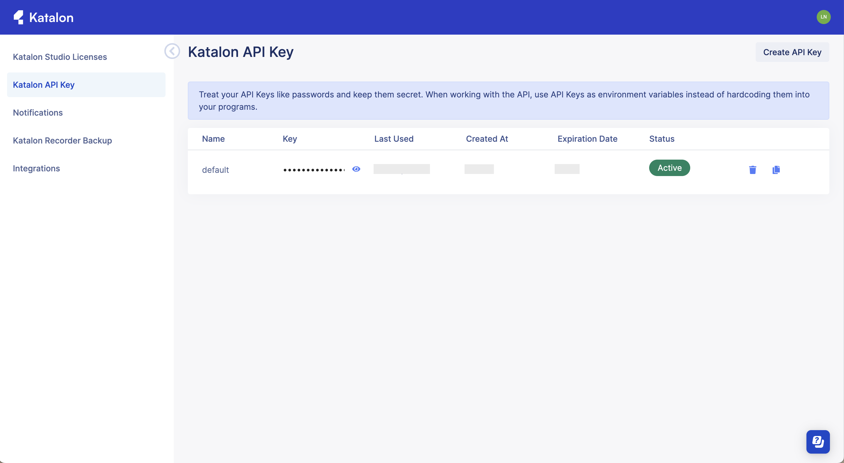 Katalon API Key page