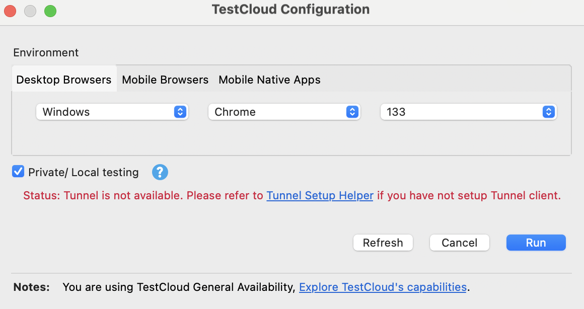 Katalon Studio - TestCloud Configuration dialog, TestCloud Tunnel not available status