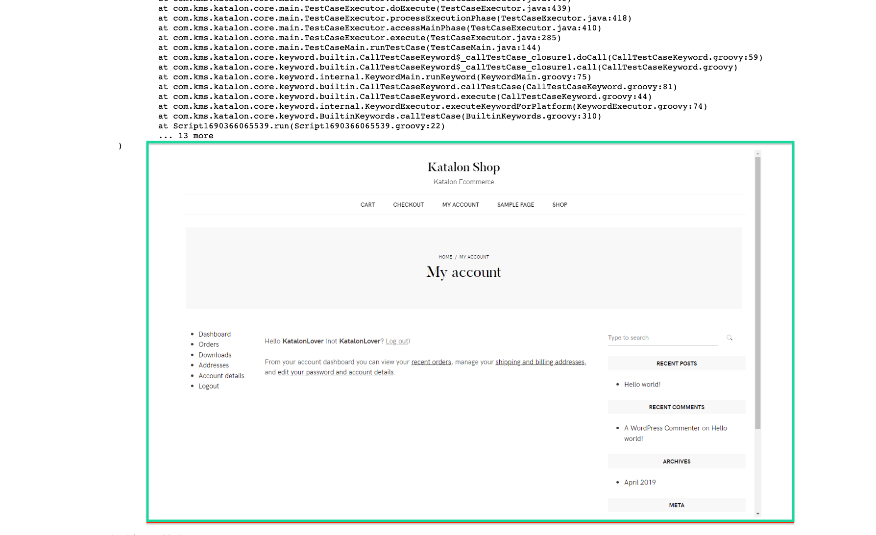 failed step screenshot - HTML report file