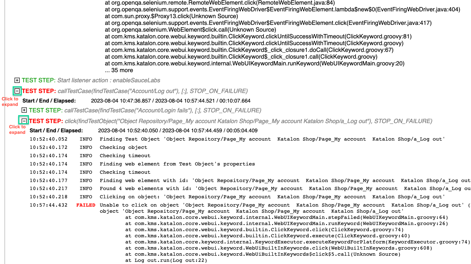 failed test steps on the HTML report file