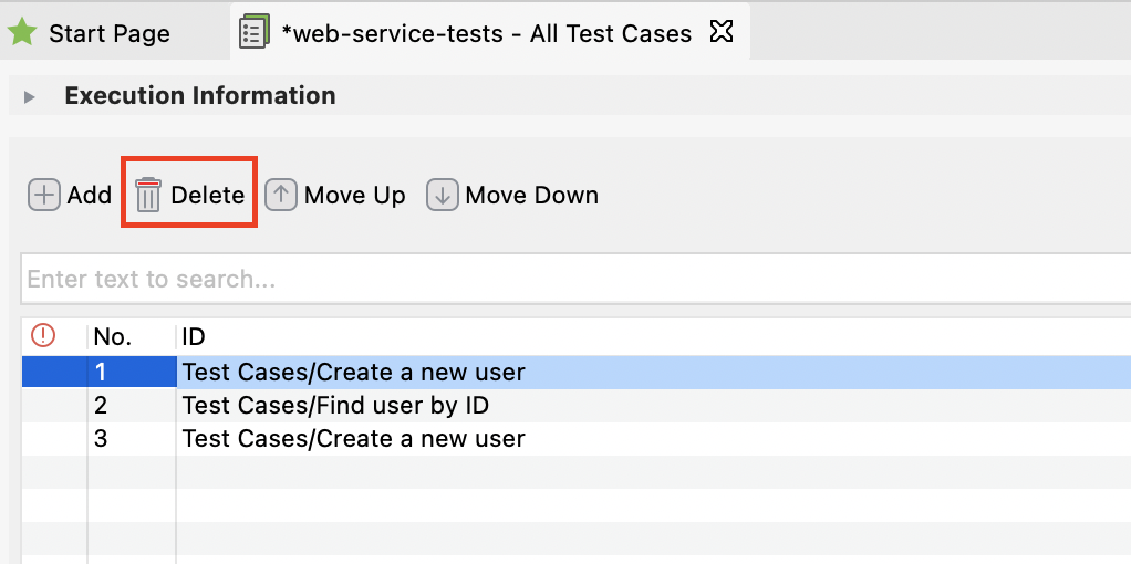 Delete test cases in a test suite from the main toolbar