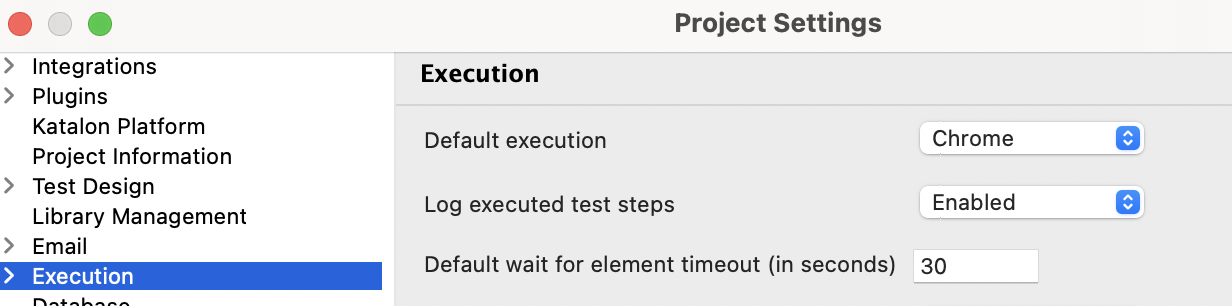 Katalon Studio Execution settings > default wait for element timeout