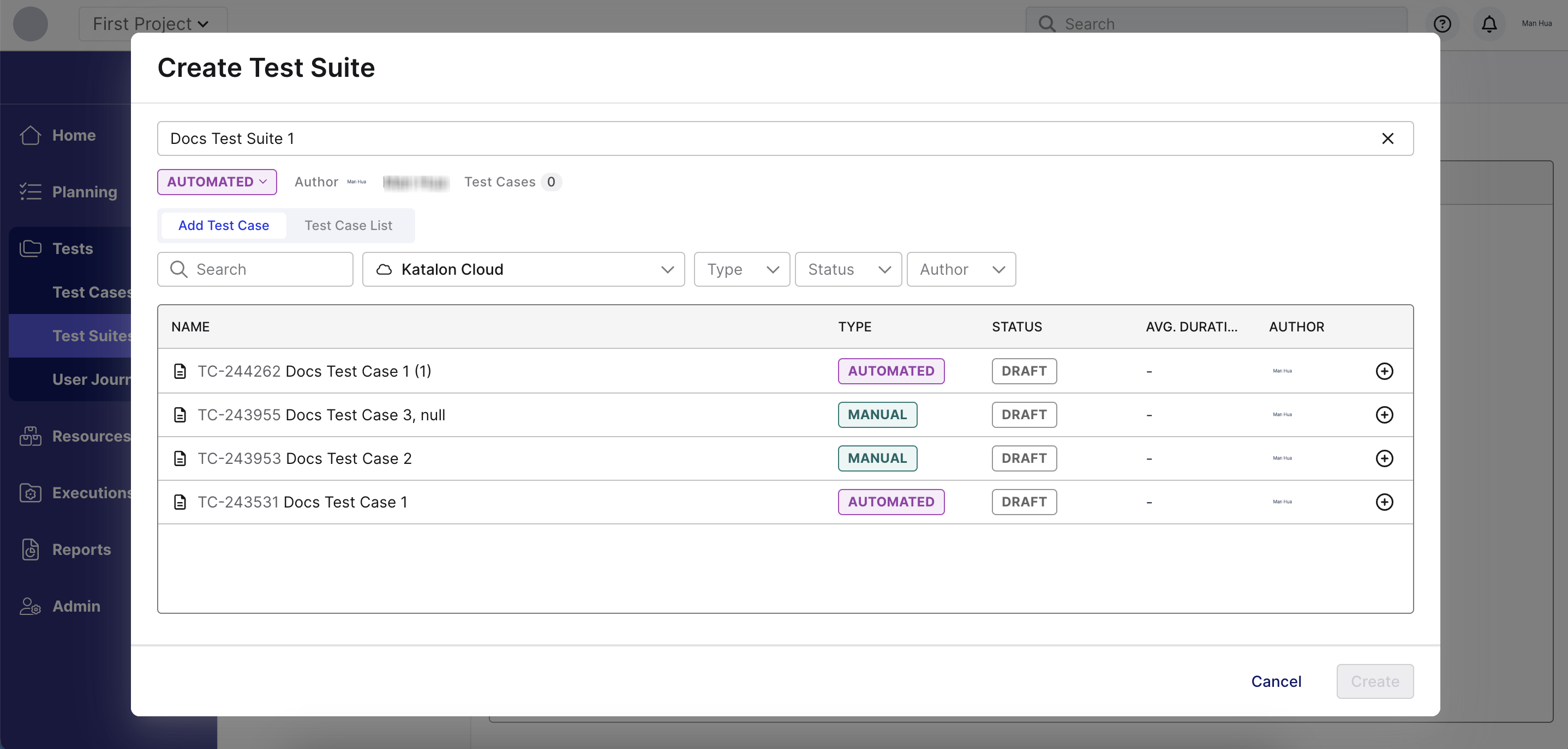 The create test suite dialog box in Katalon TestOps 3.