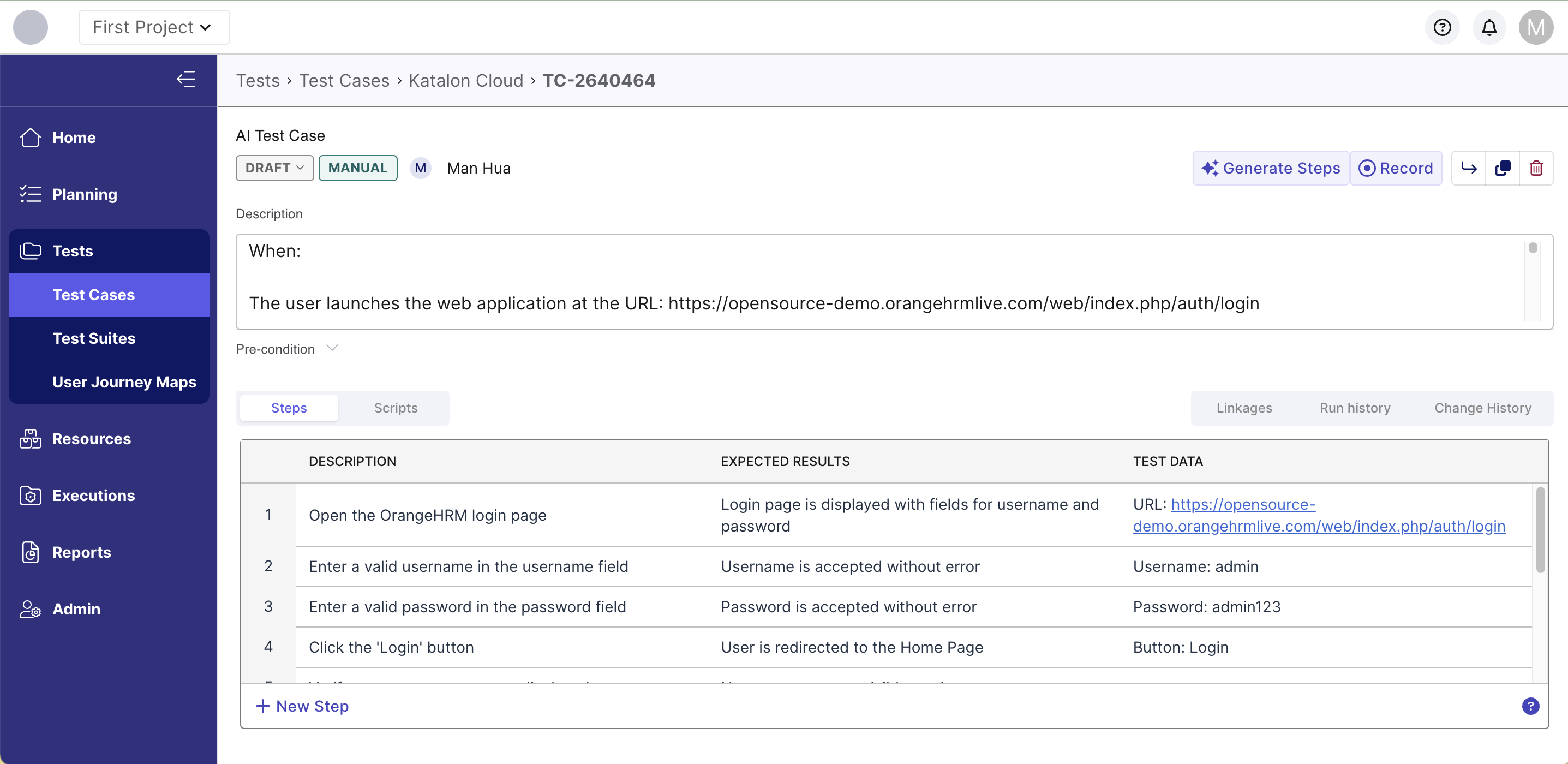 This image displays the test case detail page. The bottom Steps section is now populated with the AI generated test steps.