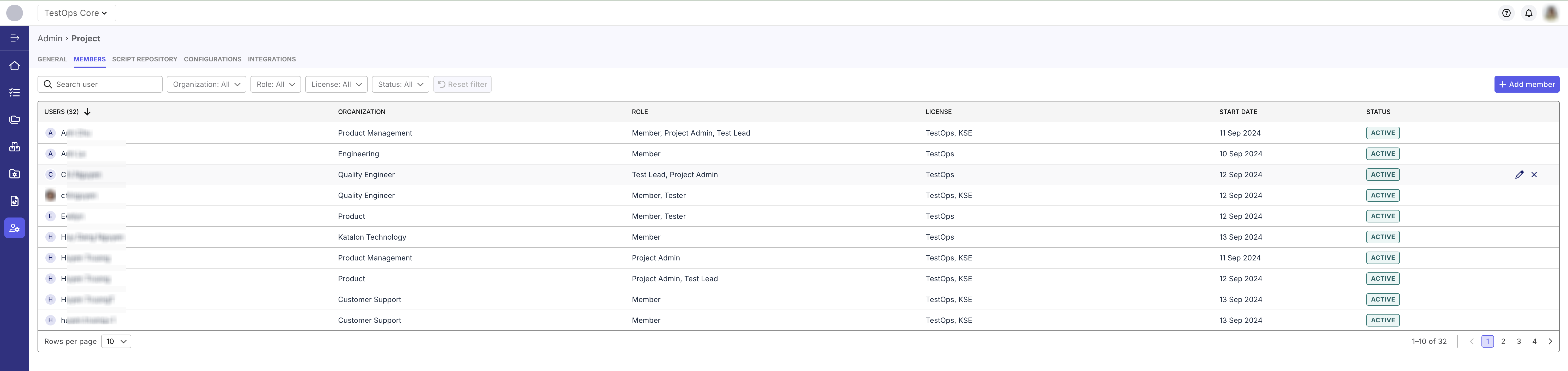 The Member directory displays a list of all users in a Project in Katalon TestOps.