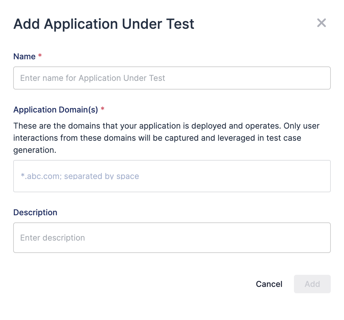 Add application under test dialog