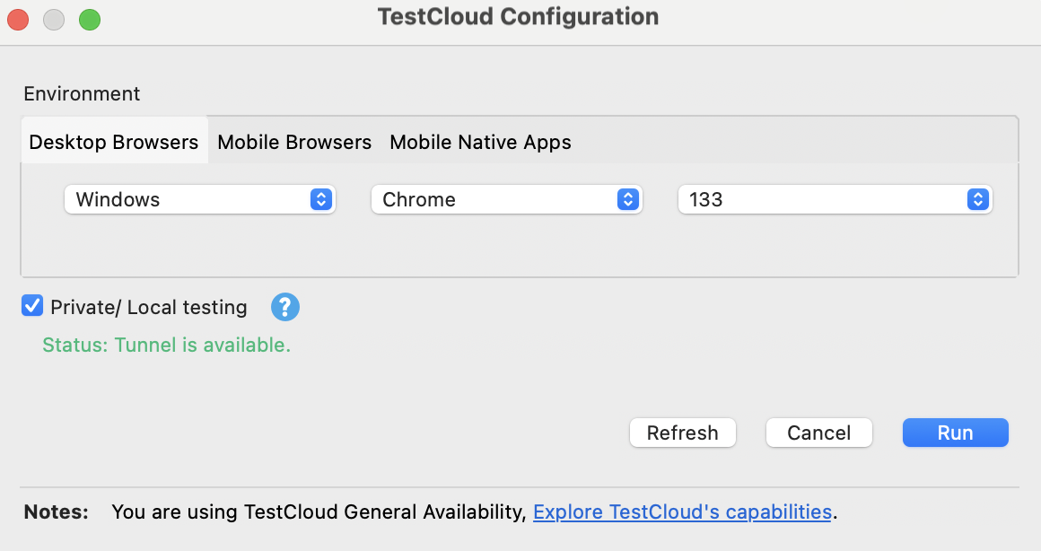 Katalon Studio - TestCloud Configuration dialog - TestCloud Tunnel available