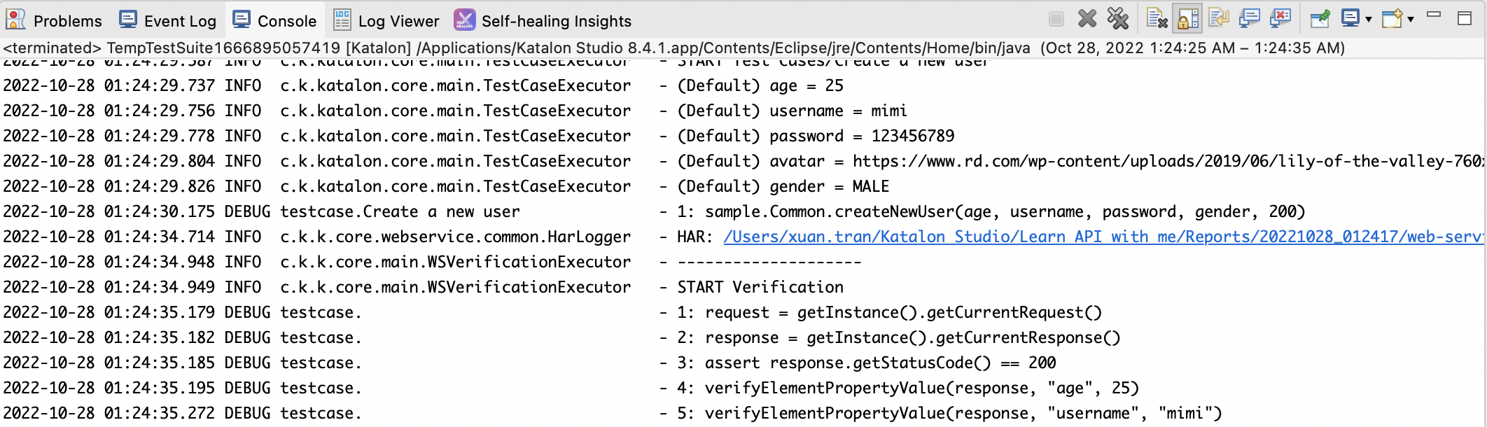 Debug log level output