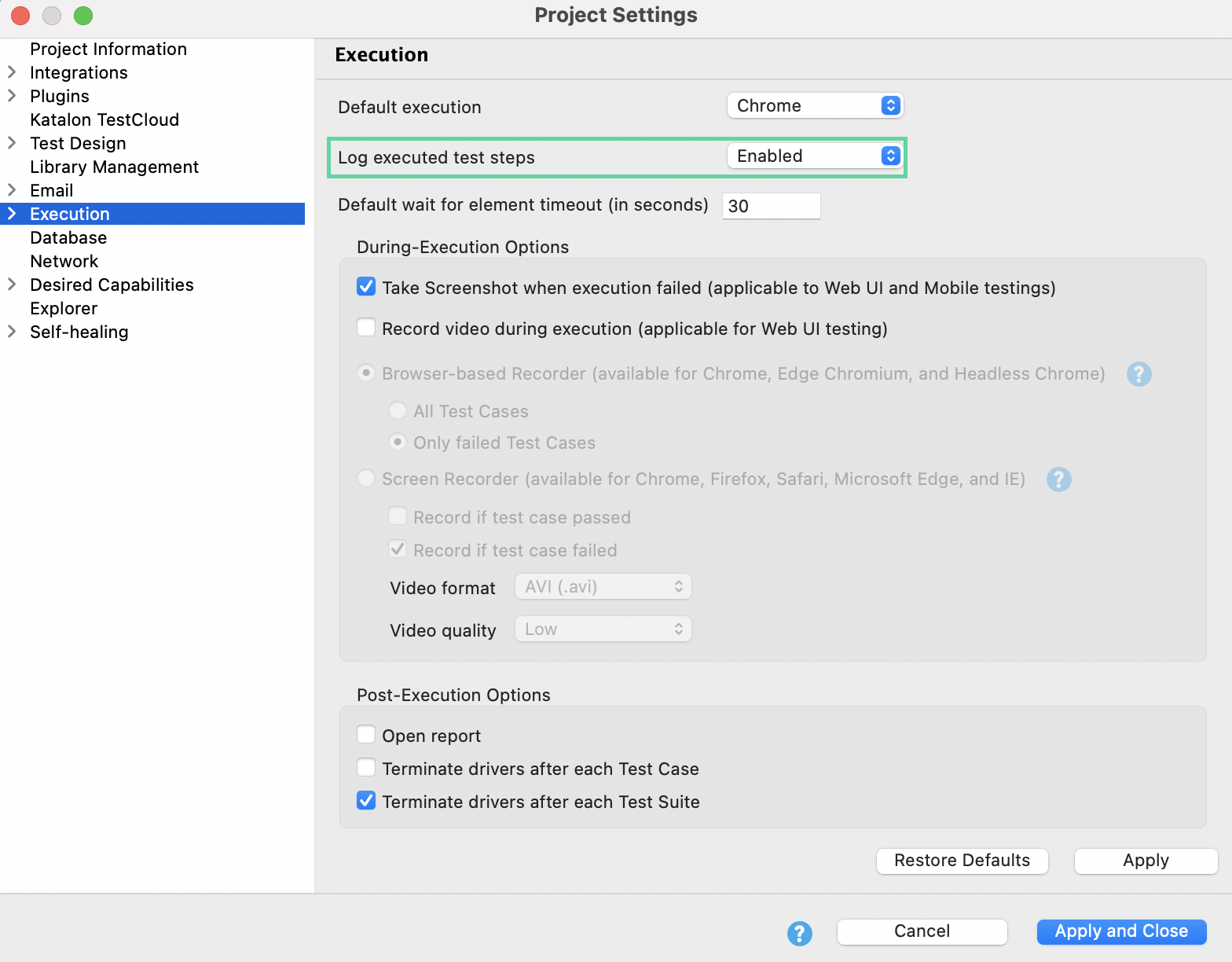 Log executed test steps option