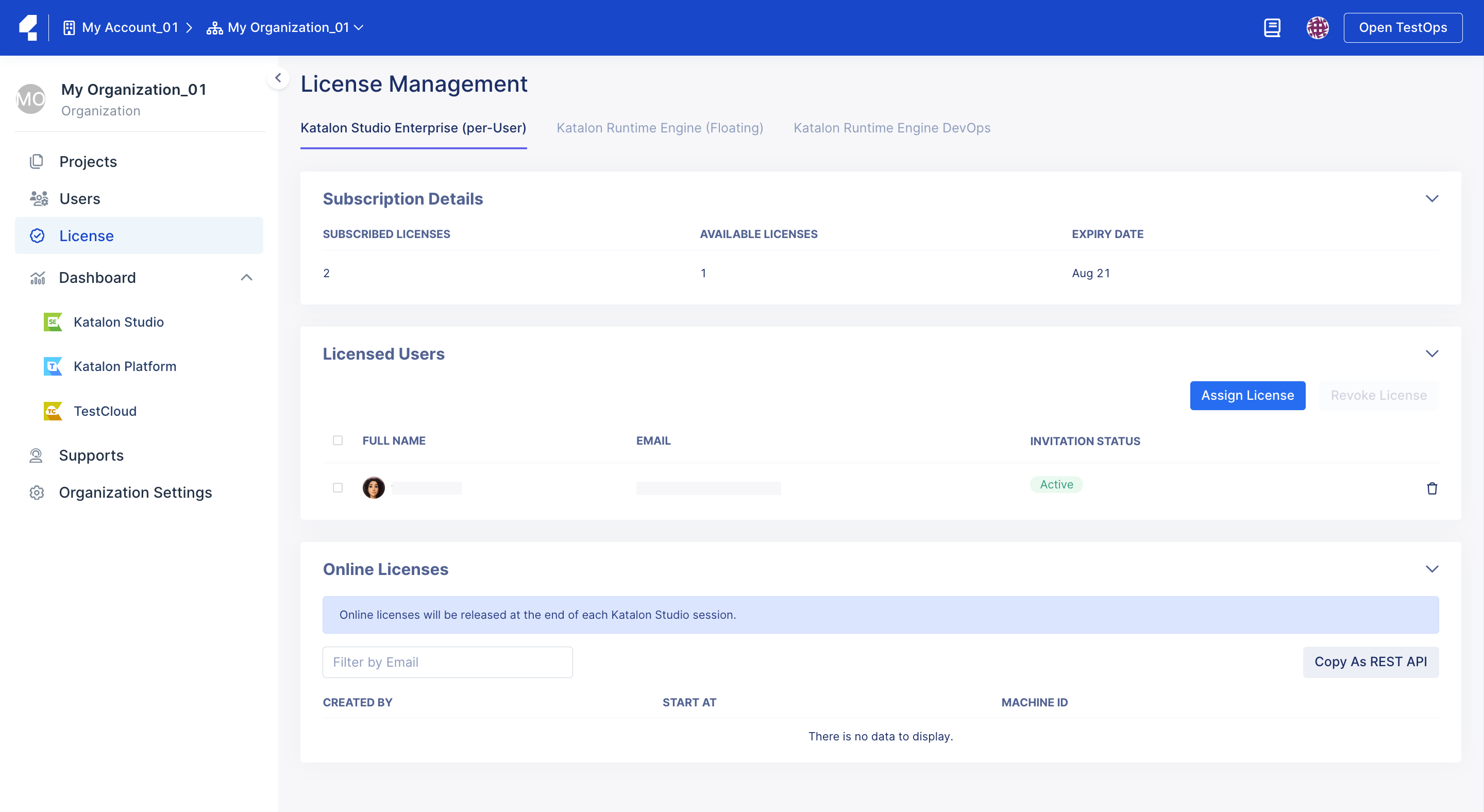 License Management page