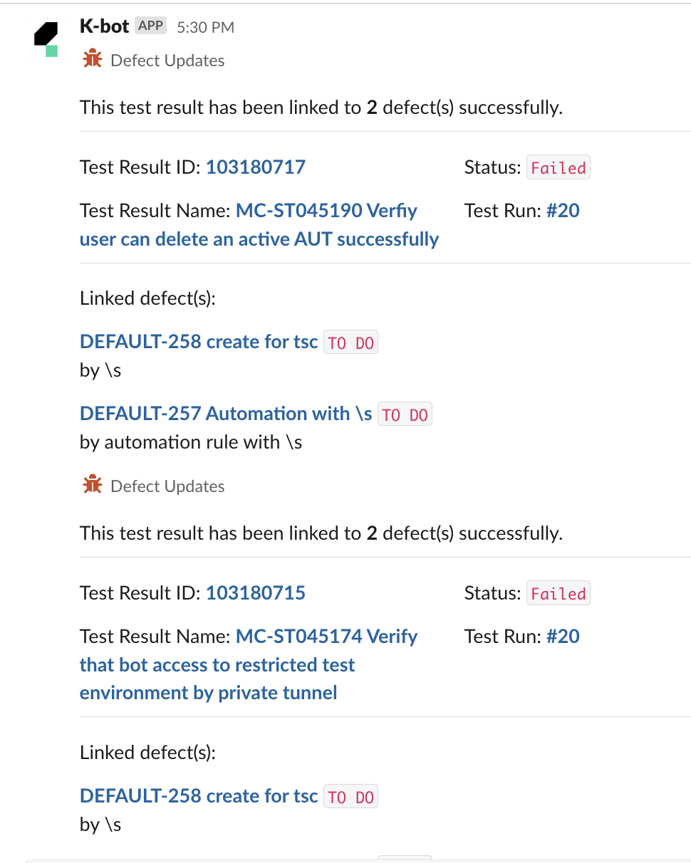 A sample of a notification from TestOps on Slack.