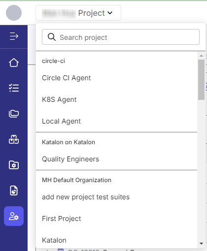 The dropdown to access your Projects in Katalon TestOps Gen 3.