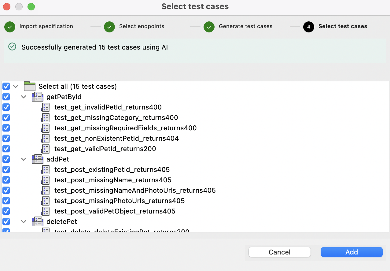 Select test cases dialog