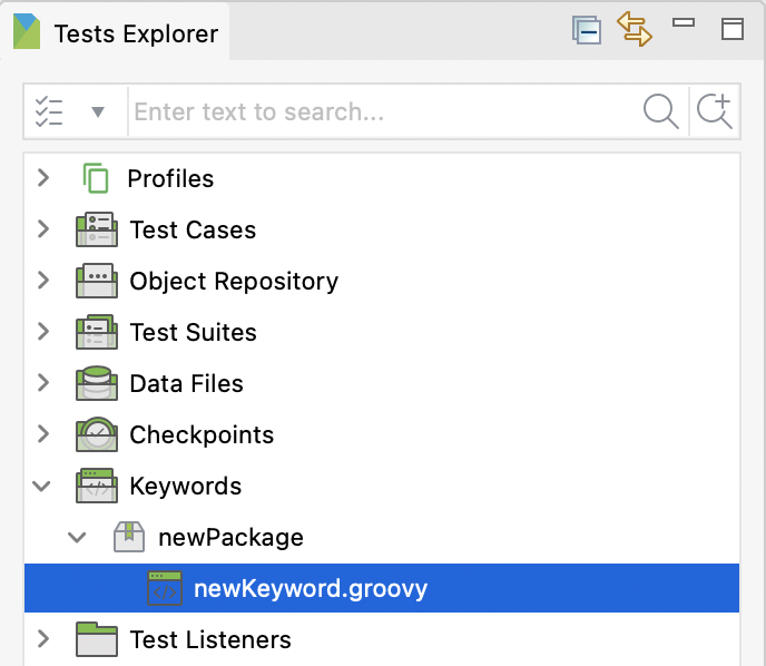The new custom keyword in the Tests Explorer sidebar