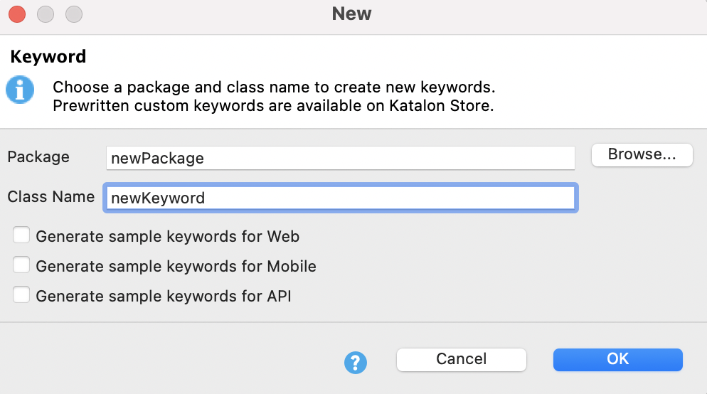 The New keyword dialog appears