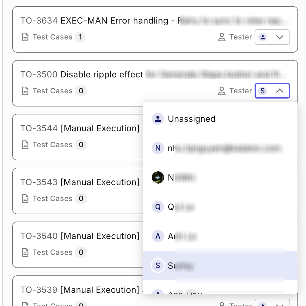 Assign a user as a tester for a requirement by clicking on the dropdown menu in the requirements list.