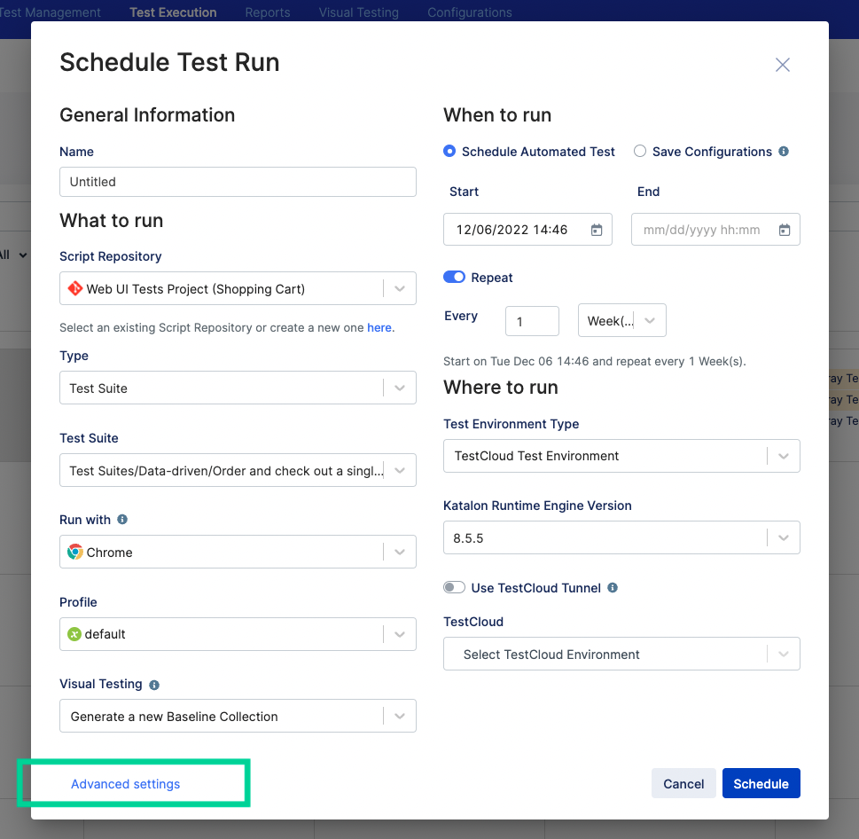 Schedule Test Run advanced settings
