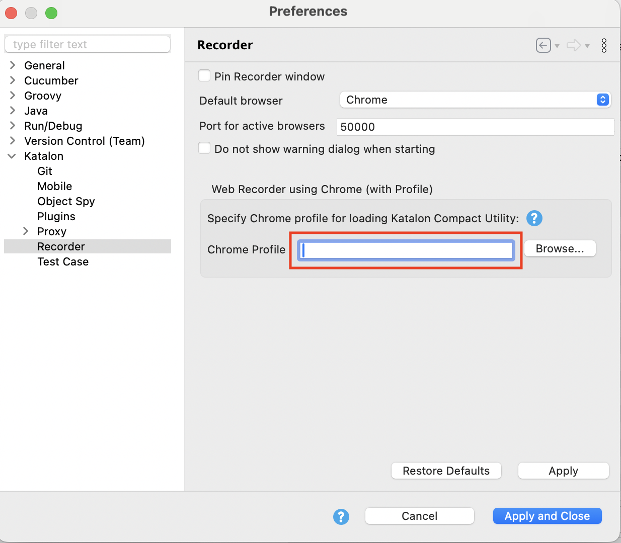 Katalon Studio Preferences dialog