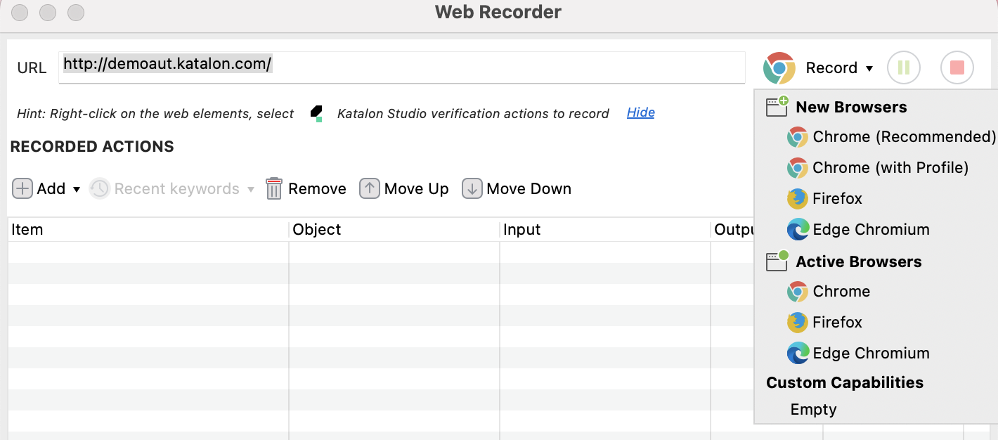 Select the browser you want to record in using the Web Recorder in Katalon Studio.