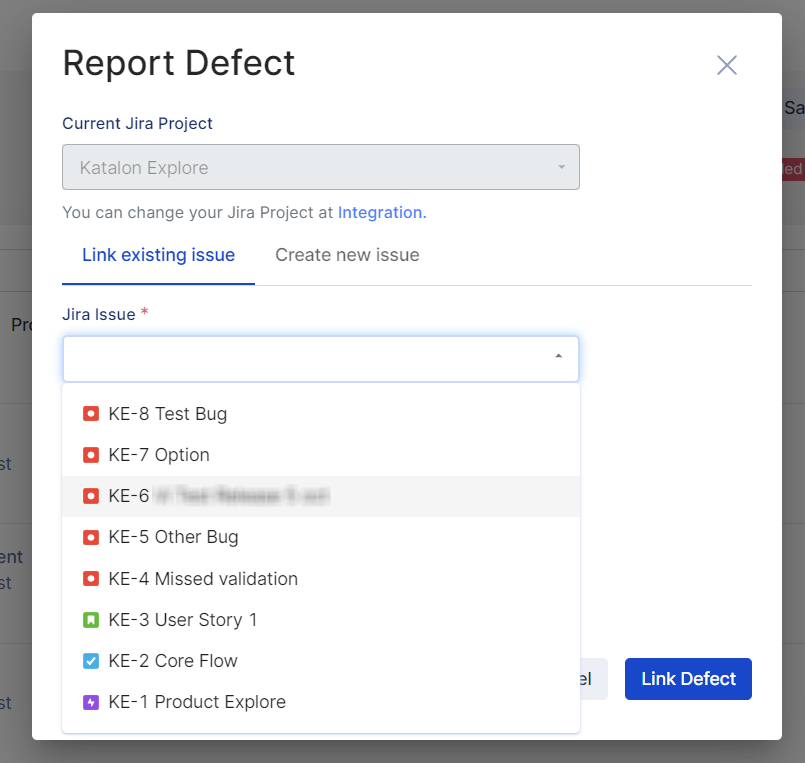 Other linked defects shown in the dropdown within the Report Defect dialog box.