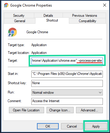 Google Chrome properties target: --process-per-site