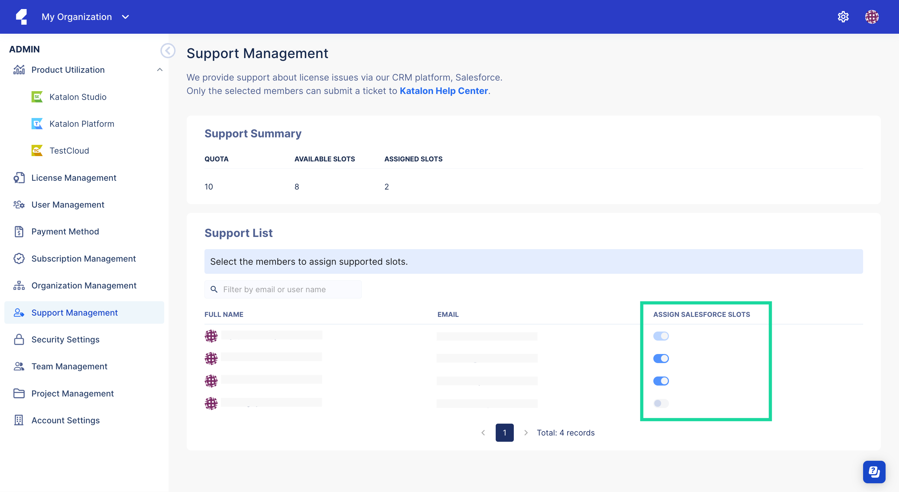 Support Management page