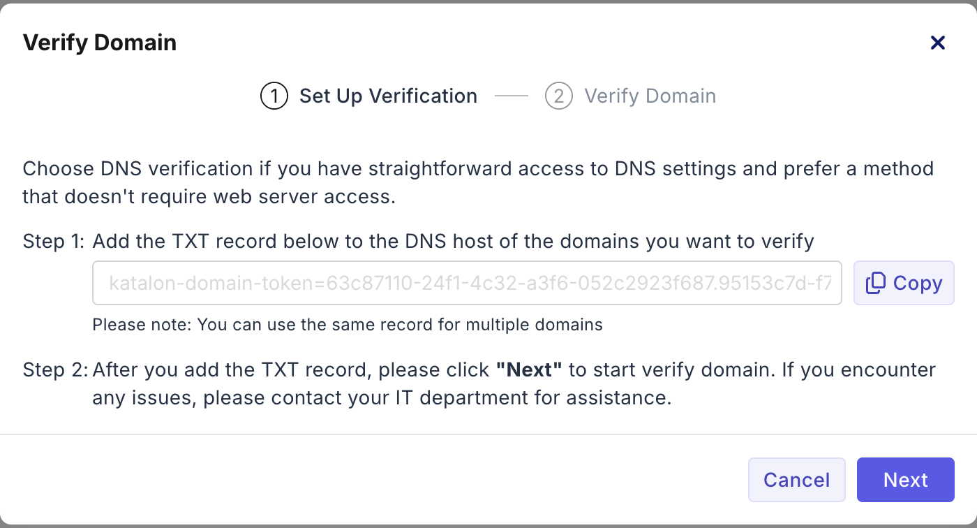 The Verify Domain dialog box where you are asked to set up verification.