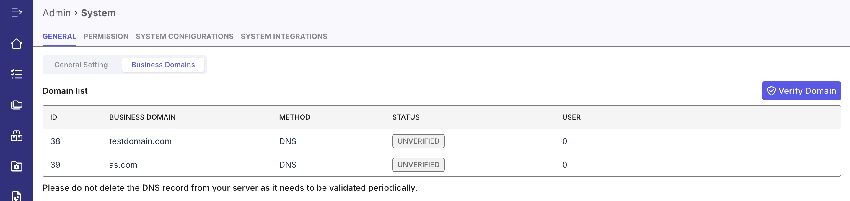 A list of your added business domains within Katalon TestOps.