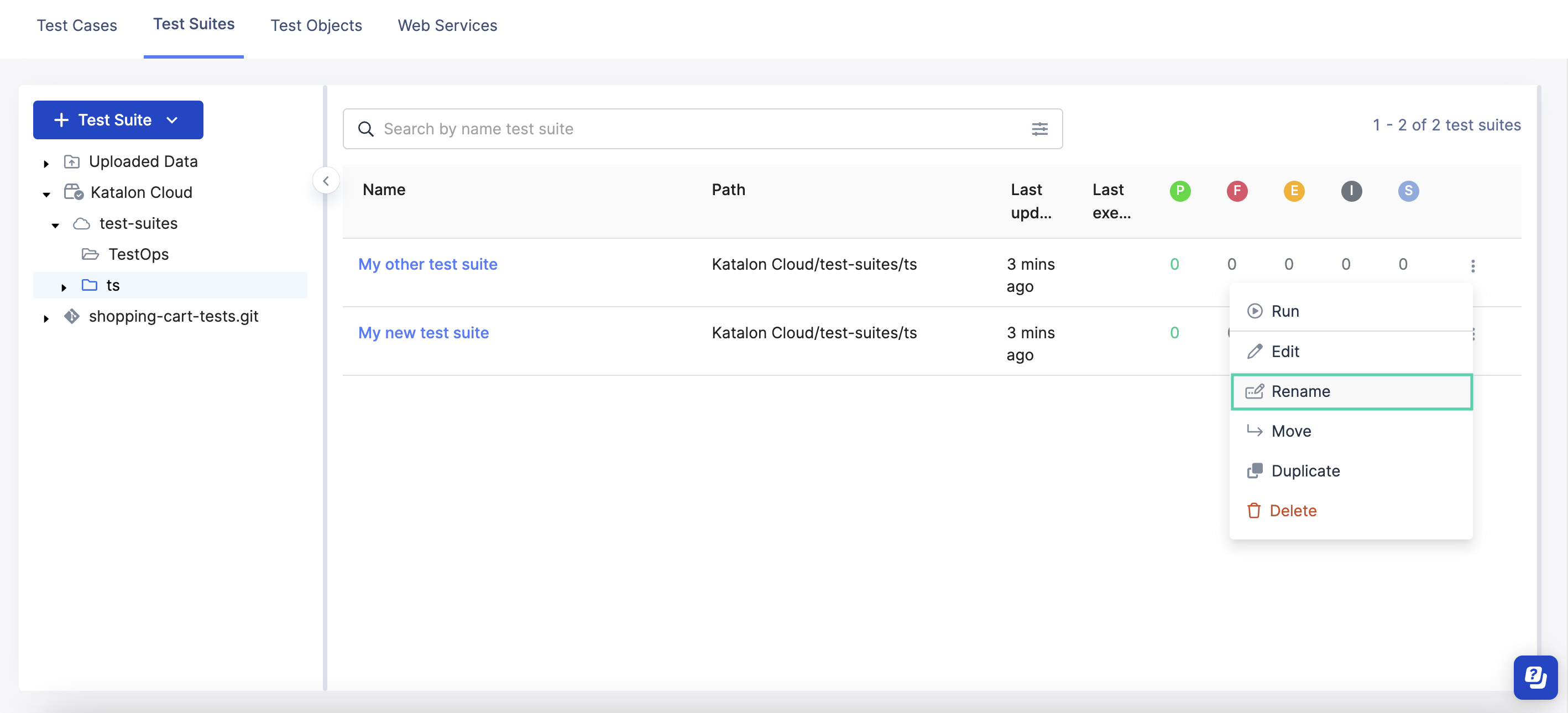 Click Rename in the Actions menu to rename your test suite.