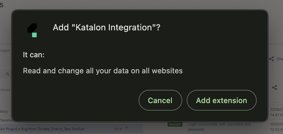 Dialog box asks you to confirm the addition of the extension.