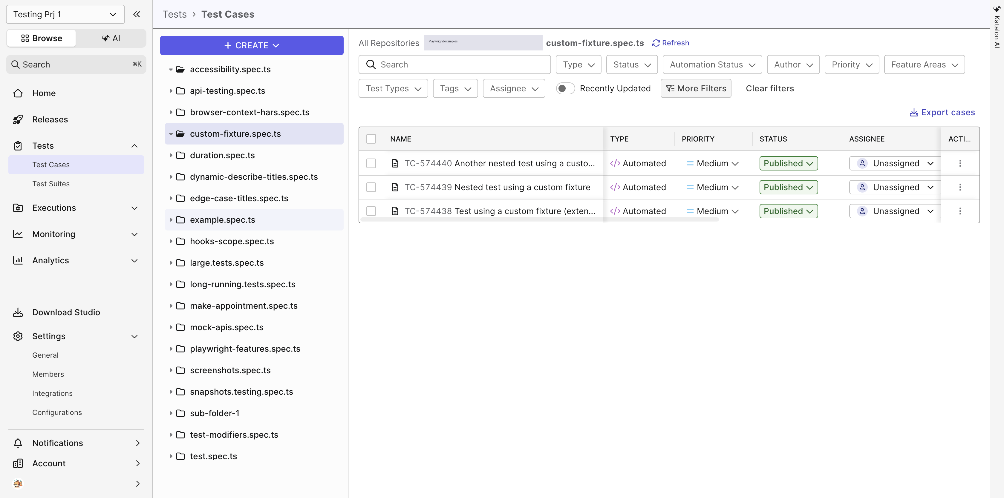 Parsed Playwright test cases in the test tree
